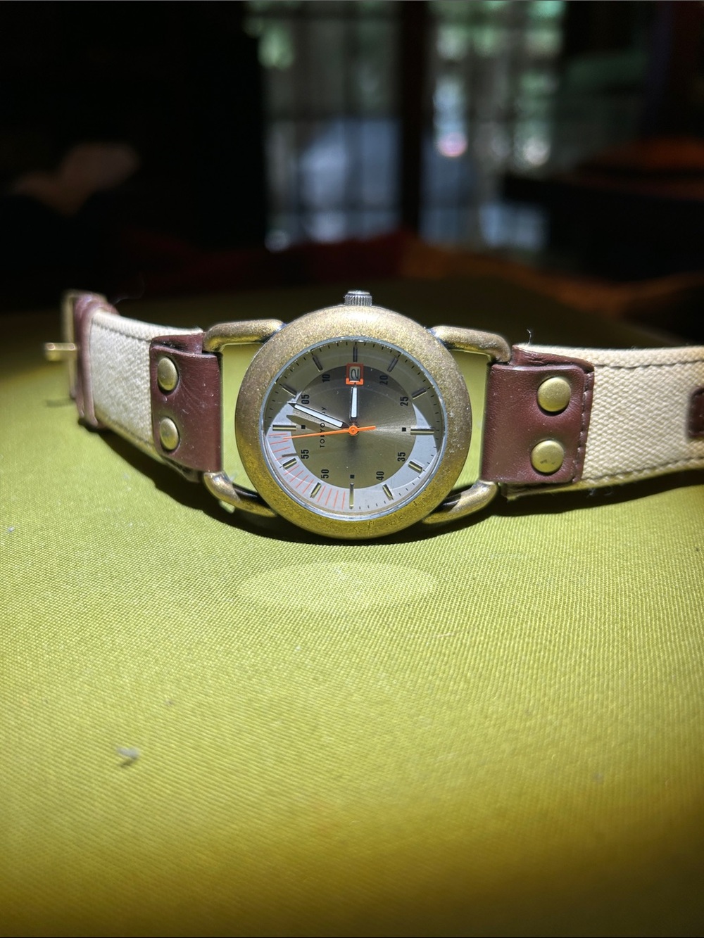 TOKYObay Beige Canvas Strap Watch with Brown Leather Accents